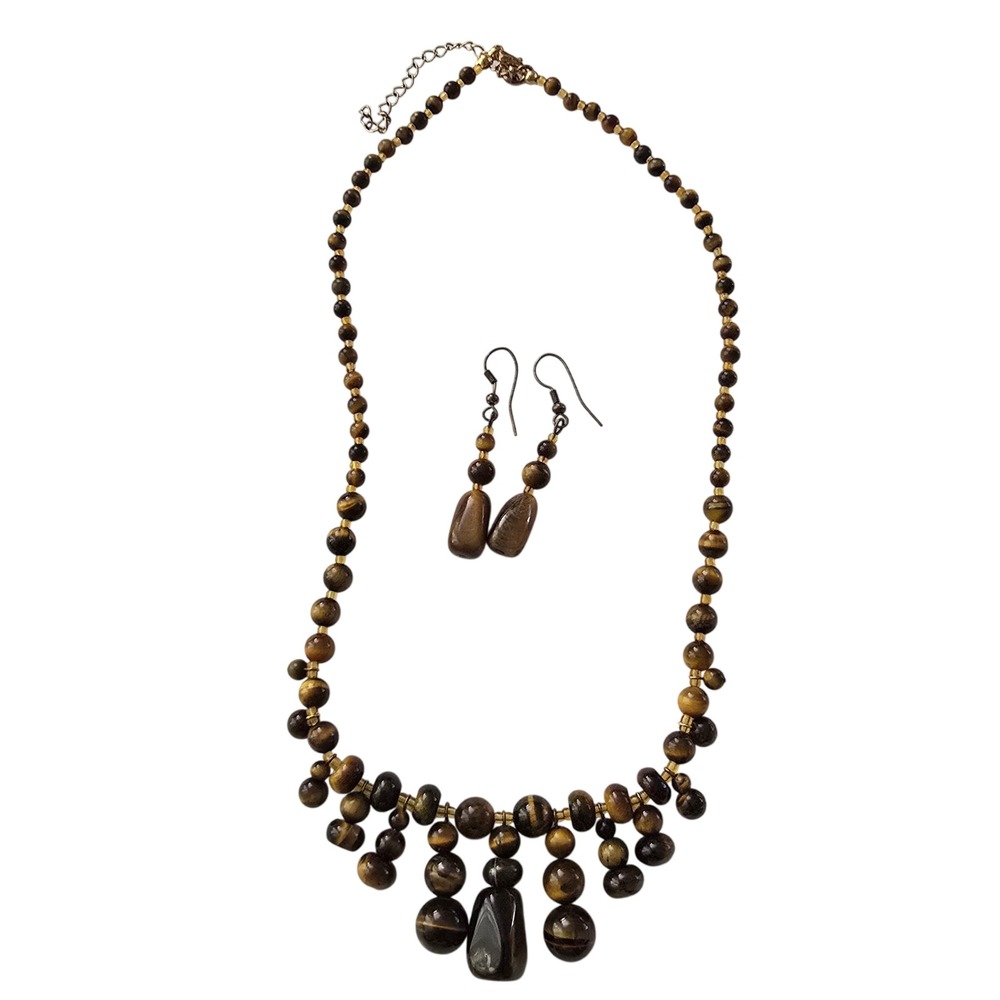 Tigers Eye Beaded Necklace and Earring Set Brown Gold Gemstone Statement Boho